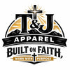 A centered graphic logo reading 'T&J Apparel' with a cross, mountains, and the phrases 'Built on Faith' and 'Worn with Purpose' on a white background.
